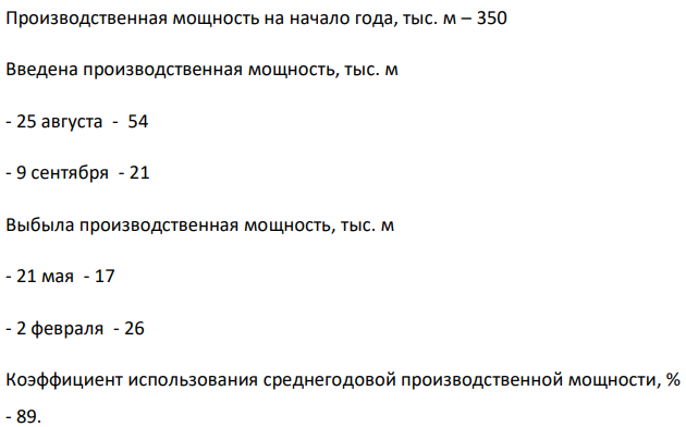 Производственная мощность на начало года, тыс. м – 350 Введена производственная мощность, тыс. м - 25 августа - 54 - 9 сентября - 21 Выбыла производственная мощность, тыс. м - 21 мая - 17 - 2 февраля - 26 Коэффициент использования среднегодовой производственной мощности, % - 89. 317 Определите: 1) производственную мощность на конец года; 2) среднегодовую производственную мощность; 3) фактический объем производства. 