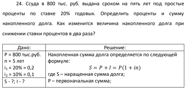 Ссуда в 800 тыс. руб. выдана сроком на пять лет под простые проценты по ставке 20% годовых. Определить проценты и сумму накопленного долга. Как изменится величина накопленного долга при снижении ставки процентов в два раза? 