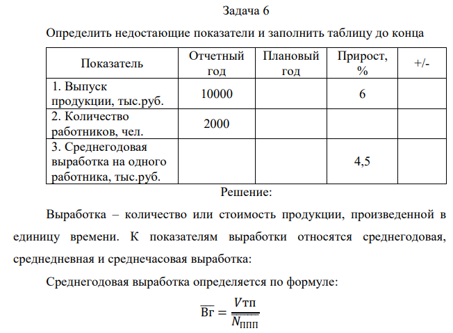 Определить недостающие показатели и заполнить таблицу до конца Показатель Отчетный год Плановый год Прирост, % +/- 1. Выпуск продукции, тыс.руб. 10000 6 2. Количество работников, чел. 2000 3. Среднегодовая выработка на одного работника, тыс.руб. 4,5 