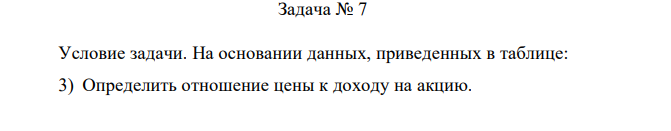 Условие задачи. На основании данных, приведенных в таблице: 3) Определить отношение цены к доходу на акцию. 4) Указать единицу измерения этого отношения (рубль; %; коэффициент). 