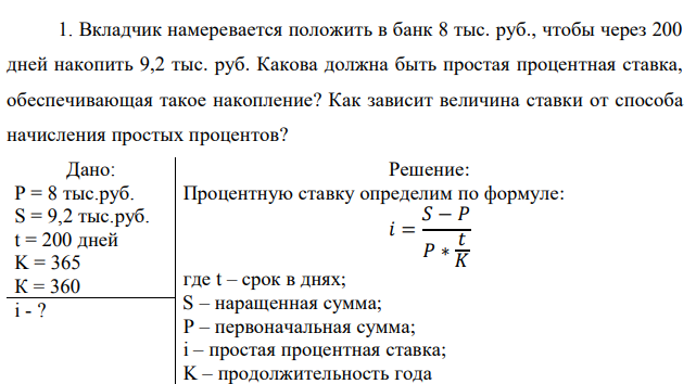 Вкладчик намеревается положить в банк 8 тыс. руб., чтобы через 200 дней накопить 9,2 тыс. руб. Какова должна быть простая процентная ставка, обеспечивающая такое накопление? Как зависит величина ставки от способа начисления простых процентов? 