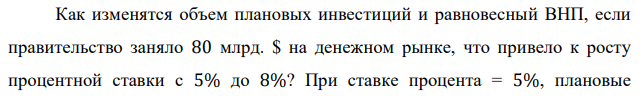 Как изменятся объем плановых инвестиций и равновесный ВНП, если правительство заняло 80 млрд. $ на денежном рынке, что привело к росту процентной ставки с 5% до 8%? При ставке процента = 5%, плановые инвестиции = 300 млрд. $, а при ставке = 8% плановые инвестиции составляют 250 млрд. $. Предельная склонность к потреблению = 0,7.