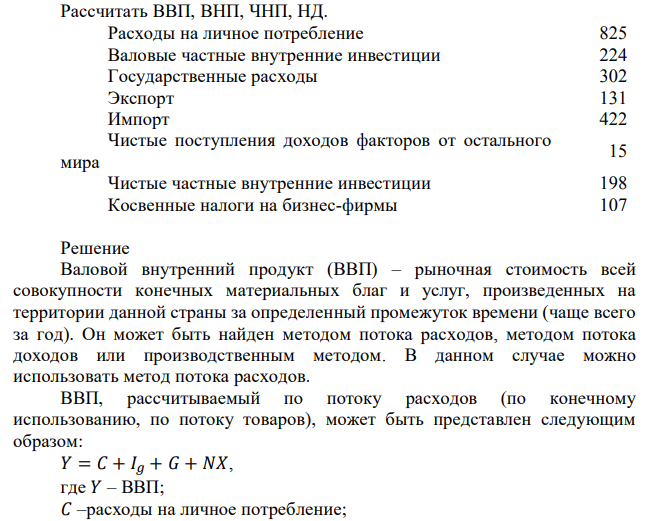 Рассчитать ВВП, ВНП, ЧНП, НД: Расходы на личное потребление 825 Валовые частные внутренние инвестиции 224 Государственные расходы 302 Экспорт 131 Импорт 422 Чистые поступления доходов факторов от остального мира 15 Чистые частные внутренние инвестиции 198 Косвенные налоги на бизнес-фирмы 107 