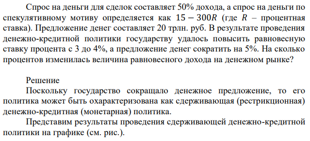 Спрос на деньги для сделок составляет 50% дохода, а спрос на деньги по спекулятивному мотиву определяется как 15 − 300𝑅 (где 𝑅 – процентная ставка). Предложение денег составляет 20 трлн. руб. В результате проведения денежно-кредитной политики государству удалось повысить равновесную ставку процента с 3 до 4%, а предложение денег сократить на 5%. На сколько процентов изменилась величина равновесного дохода на денежном рынке? 