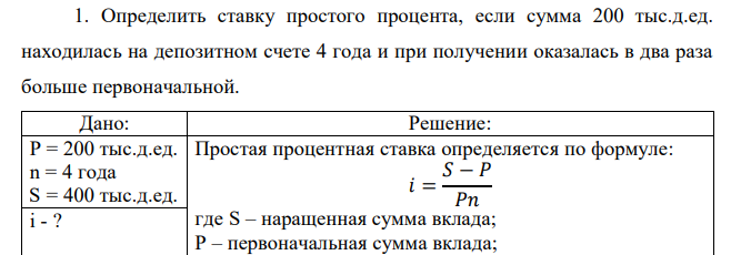  Определить ставку простого процента, если сумма 200 тыс.д.ед. находилась на депозитном счете 4 года и при получении оказалась в два раза больше первоначальной.  