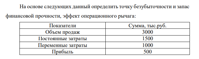  На основе следующих данный определить точку безубыточности и запас финансовой прочности, эффект операционного рычага: Показатели Сумма, тыс.руб. Объем продаж 3000 Постоянные затраты 1500 Переменные затраты 1000 Прибыль 500 