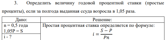 Определить величину годовой процентной ставки (простые проценты), если за полгода выданная ссуда возросла в 1,05 раза.  