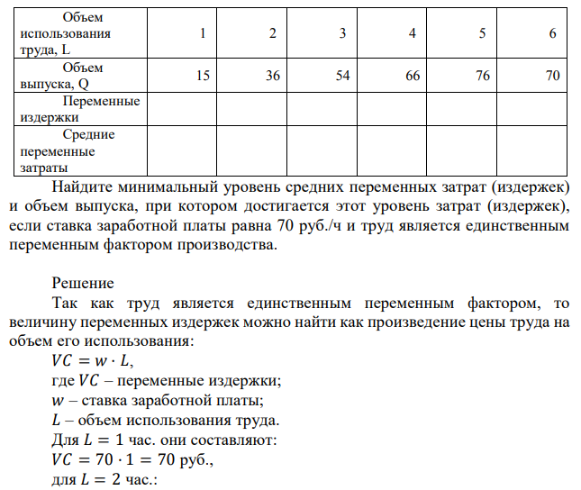 Найдите минимальный уровень средних переменных затрат (издержек) и объем выпуска, при котором достигается этот уровень затрат (издержек), если ставка заработной платы равна 70 руб./ч и труд является единственным переменным фактором производства. 