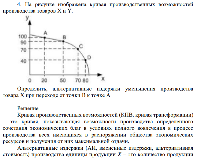 На рисунке изображена кривая производственных возможностей производства товаров X и Y. Определить, альтернативные издержки уменьшения производства товара X при переходе от точки B к точке A. 