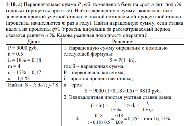 Первоначальная сумма P руб. помещена в банк на срок n лет под i% годовых (проценты простые). Найти наращенную сумму, эквивалентные значения простой учетной ставки, сложной номинальной процентной ставки (проценты начисляются m раз в году). Найти наращенную сумму, если ставка налога на проценты q%. Уровень инфляции за рассматриваемый период оказался равным α %. Какова реальная доходность операции? 