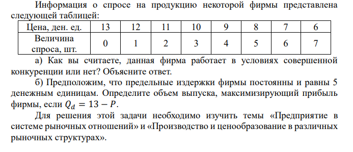  Информация о спросе на продукцию некоторой фирмы представлена следующей таблицей: Цена, ден. ед. 13 12 11 10 9 8 7 6 Величина спроса, шт. 0 1 2 3 4 5 6 7 а) Как вы считаете, данная фирма работает в условиях совершенной конкуренции или нет? Объясните ответ. б) Предположим, что предельные издержки фирмы постоянны и равны 5 денежным единицам. Определите объем выпуска, максимизирующий прибыль фирмы, если 𝑄𝑑 = 13 − 𝑃. Для решения этой задачи необходимо изучить темы «Предприятие в системе рыночных отношений» и «Производство и ценообразование в различных рыночных структурах». 