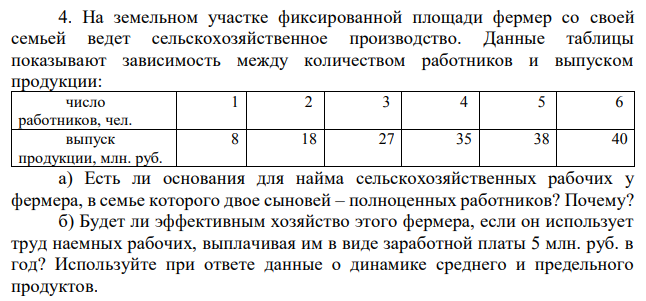 На земельном участке фиксированной площади фермер со своей семьей ведет сельскохозяйственное производство. Данные таблицы показывают зависимость между количеством работников и выпуском продукции: а) Есть ли основания для найма сельскохозяйственных рабочих у фермера, в семье которого двое сыновей – полноценных работников? Почему? б) Будет ли эффективным хозяйство этого фермера, если он использует труд наемных рабочих, выплачивая им в виде заработной платы 5 млн. руб. в год? Используйте при ответе данные о динамике среднего и предельного продуктов.