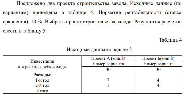 Предложено два проекта строительства завода. Исходные данные (по вариантам) приведены в таблице 4. Норматив рентабельности (ставка сравнения) 10 %. Выбрать проект строительства завода. Результаты расчетов свести в таблицу 5. 