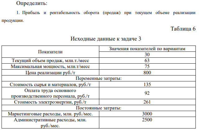 Определить: 1. Прибыль и рентабельность оборота (продаж) при текущем объеме реализации продукции. 