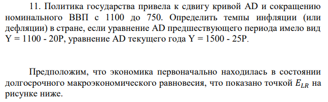 Политика государства привела к сдвигу кривой AD и сокращению номинального ВВП с 1100 до 750. Определить темпы инфляции (или дефляции) в стране, если уравнение AD предшествующего периода имело вид Y = 1100 - 20P, уравнение AD текущего года Y = 1500 - 25P. 