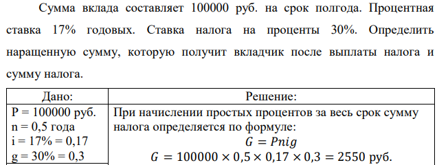 Сумма вклада составляет 100000 руб. на срок полгода. Процентная ставка 17% годовых. Ставка налога на проценты 30%. Определить наращенную сумму, которую получит вкладчик после выплаты налога и сумму налога.  