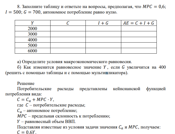  Заполните таблицу и ответьте на вопросы, предполагая, что 𝑀𝑃𝐶 = 0,6; 𝐼 = 500; 𝐺 = 700, автономное потребление равно нулю. 𝑌 𝐶 𝐼 + 𝐺 𝐴𝐸 = 𝐶 + 𝐼 + 𝐺 2000 3000 4000 5000 6000 а) Определите условия макроэкономического равновесия. б) Как изменится равновесное значение 𝑌 , если 𝐺 увеличится на 400 (решить с помощью таблицы и с помощью мультипликатора). 
