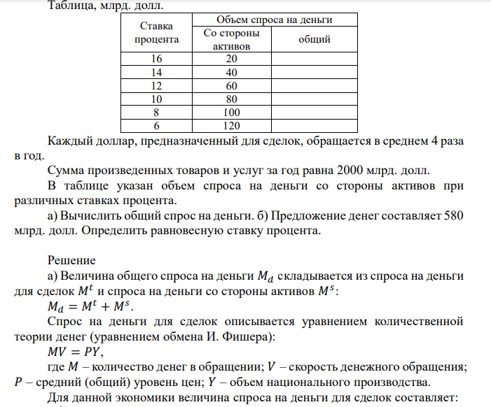  Таблица, млрд. долл. Ставка процента Объем спроса на деньги Со стороны активов общий 16 20 14 40 12 60 10 80 8 100 6 120 Каждый доллар, предназначенный для сделок, обращается в среднем 4 раза в год. Сумма произведенных товаров и услуг за год равна 2000 млрд. долл. В таблице указан объем спроса на деньги со стороны активов при различных ставках процента. а) Вычислить общий спрос на деньги. б) Предложение денег составляет 580 млрд. долл. Определить равновесную ставку процента. 