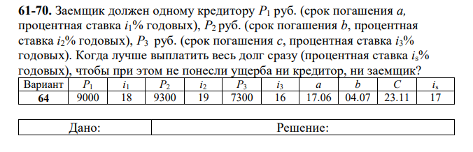 Заемщик должен одному кредитору P1 руб. (срок погашения a, процентная ставка i1% годовых), P2 руб. (срок погашения b, процентная ставка i2% годовых), P3 руб. (срок погашения c, процентная ставка i3% годовых). Когда лучше выплатить весь долг сразу (процентная ставка is% годовых), чтобы при этом не понесли ущерба ни кредитор, ни заемщик? 