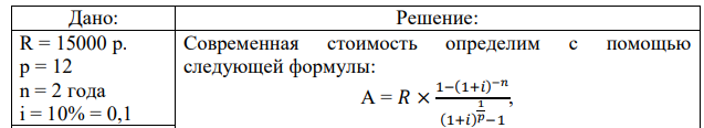 Определить современную стоимость аренды квартиры за 15000р. в месяц в течении двух лет, если ставка по банковскому вкладу составляет 10%. 