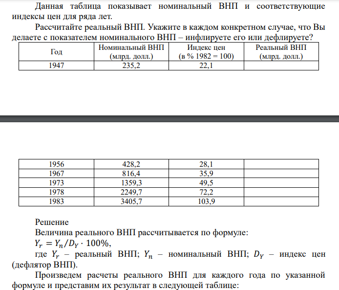  Данная таблица показывает номинальный ВНП и соответствующие индексы цен для ряда лет. Рассчитайте реальный ВНП. Укажите в каждом конкретном случае, что Вы делаете с показателем номинального ВНП – инфлируете его или дефлируете? Год Номинальный ВНП (млрд. долл.) Индекс цен (в % 1982 = 100) Реальный ВНП (млрд. долл.) 1947 235,2 22,1 1956 428,2 28,1 1967 816,4 35,9 1973 1359,3 49,5 1978 2249,7 72,2 1983 3405,7 103,9 