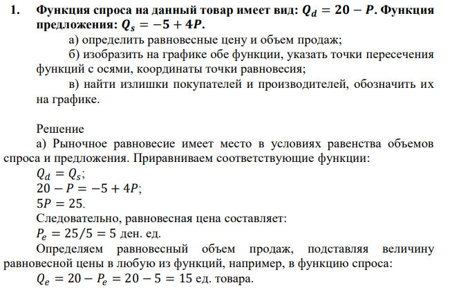 Функция спроса на данный товар имеет вид: 𝑸𝒅 = 𝟐𝟎 − 𝑷. Функция предложения: 𝑸𝒔 = −𝟓 + 𝟒𝑷. а) определить равновесные цену и объем продаж; б) изобразить на графике обе функции, указать точки пересечения функций с осями, координаты точки равновесия; в) найти излишки покупателей и производителей, обозначить их на графике. 