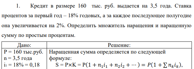 Кредит в размере 160 тыс. руб. выдается на 3,5 года. Ставка процентов за первый год – 18% годовых, а за каждое последующее полугодие она увеличивается на 2%. Определить множитель наращения и наращенную сумму по простым процентам. 