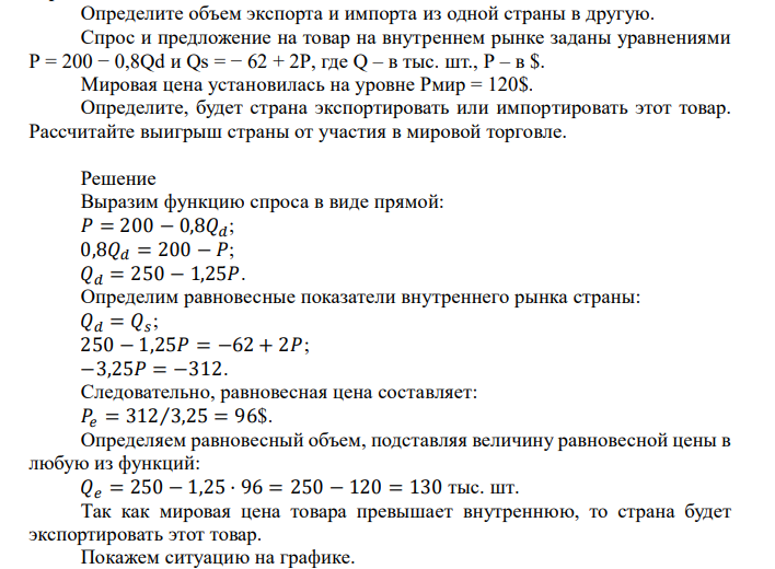  Определите объем экспорта и импорта из одной страны в другую. Спрос и предложение на товар на внутреннем рынке заданы уравнениями P = 200 − 0,8Qd и Qs = − 62 + 2P, где Q – в тыс. шт., P – в $. Мировая цена установилась на уровне Рмир = 120$. Определите, будет страна экспортировать или импортировать этот товар. Рассчитайте выигрыш страны от участия в мировой торговле. 