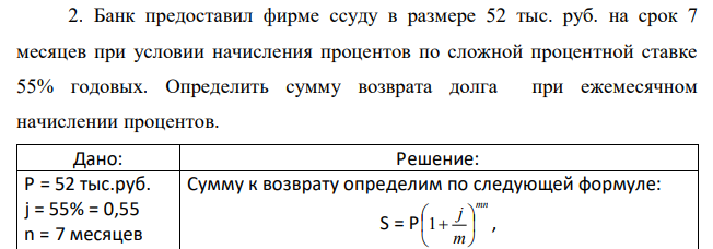 Банк предоставил фирме ссуду в размере 52 тыс. руб. на срок 7 месяцев при условии начисления процентов по сложной процентной ставке 55% годовых. Определить сумму возврата долга при ежемесячном начислении процентов. 