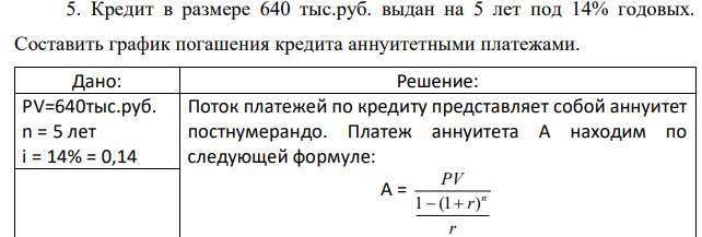 Кредит в размере 640 тыс.руб. выдан на 5 лет под 14% годовых. Составить график погашения кредита аннуитетными платежами. 