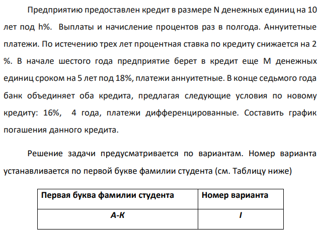 Предприятию предоставлен кредит в размере N денежных единиц на 10 лет под h%. Выплаты и начисление процентов раз в полгода. Аннуитетные платежи. По истечению трех лет процентная ставка по кредиту снижается на 2 %. В начале шестого года предприятие берет в кредит еще M денежных единиц сроком на 5 лет под 18%, платежи аннуитетные. В конце седьмого года банк объединяет оба кредита, предлагая следующие условия по новому кредиту: 16%, 4 года, платежи дифференцированные. Составить график погашения данного кредита. Решение задачи предусматривается по вариантам. Номер варианта устанавливается по первой букве фамилии студента (см. Таблицу ниже) 