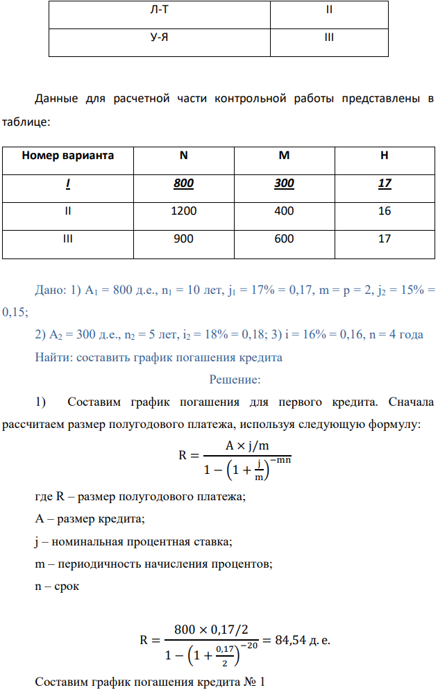 Предприятию предоставлен кредит в размере N денежных единиц на 10 лет под h%. Выплаты и начисление процентов раз в полгода. Аннуитетные платежи. По истечению трех лет процентная ставка по кредиту снижается на 2 %. В начале шестого года предприятие берет в кредит еще M денежных единиц сроком на 5 лет под 18%, платежи аннуитетные. В конце седьмого года банк объединяет оба кредита, предлагая следующие условия по новому кредиту: 16%, 4 года, платежи дифференцированные. Составить график погашения данного кредита. Решение задачи предусматривается по вариантам. Номер варианта устанавливается по первой букве фамилии студента (см. Таблицу ниже) 