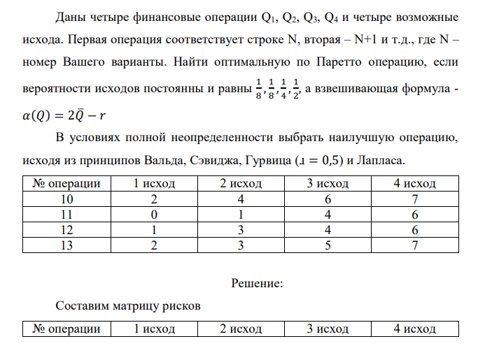  Даны четыре финансовые операции Q1, Q2, Q3, Q4 и четыре возможные исхода. Первая операция соответствует строке N, вторая – N+1 и т.д., где N – номер Вашего варианты. Найти оптимальную по Паретто операцию, если вероятности исходов постоянны и равны 1 8 , 1 8 , 1 4 , 1 2 , а взвешивающая формула - 𝛼(𝑄) = 2𝑄̅ − 𝑟 В условиях полной неопределенности выбрать наилучшую операцию, исходя из принципов Вальда, Сэвиджа, Гурвица (ɹ = 0,5) и Лапласа. № операции 1 исход 2 исход 3 исход 4 исход 10 2 4 6 7 11 0 1 4 6 12 1 3 4 6 13 2 3 5 7 