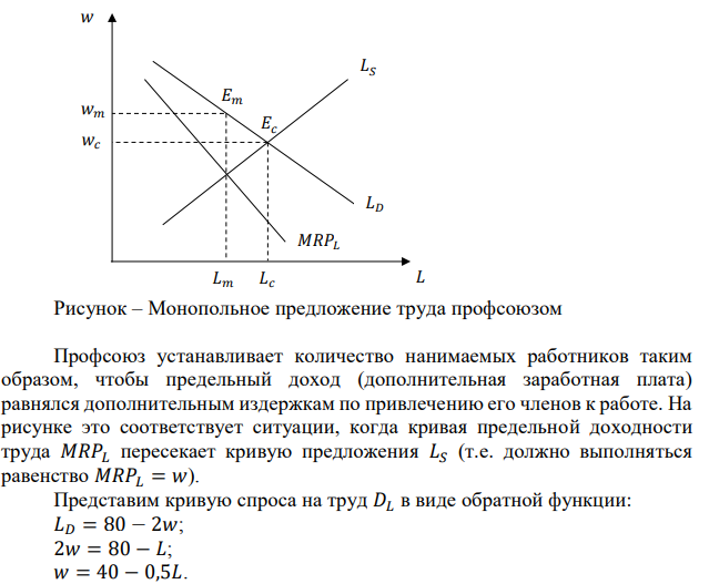 Кривая спроса на труд в отрасли 𝐿 𝐷 = 80 − 2𝑤. Кривая предложения труда 𝐿 𝑆 = −5 + 0,5𝑤. На сколько изменится суммарный доход рабочих, если они образуют профсоюз? 