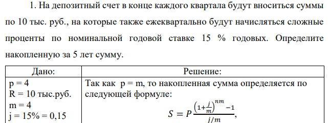 На депозитный счет в конце каждого квартала будут вноситься суммы по 10 тыс. руб., на которые также ежеквартально будут начисляться сложные проценты по номинальной годовой ставке 15 % годовых. Определите накопленную за 5 лет сумму.  