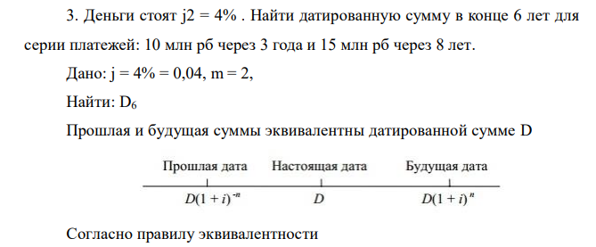  Деньги стоят j2 = 4% . Найти датированную сумму в конце 6 лет для серии платежей: 10 млн рб через 3 года и 15 млн рб через 8 лет.