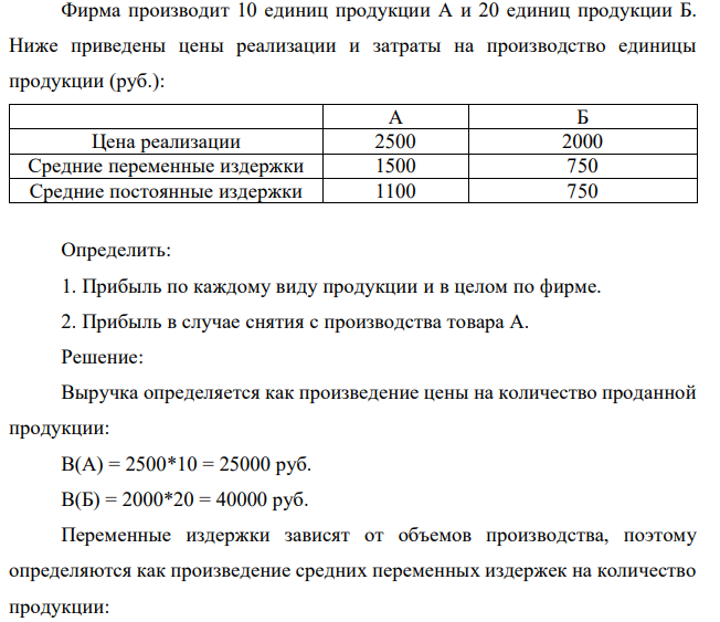 Фирма производит 10 единиц продукции А и 20 единиц продукции Б. Ниже приведены цены реализации и затраты на производство единицы продукции (руб.): А Б Цена реализации 2500 2000 Средние переменные издержки 1500 750 Средние постоянные издержки 1100 750 Определить: 1. Прибыль по каждому виду продукции и в целом по фирме. 2. Прибыль в случае снятия с производства товара А. 