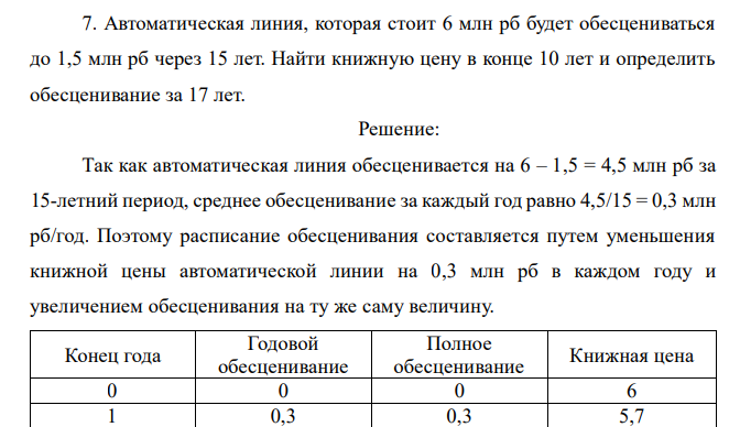  Автоматическая линия, которая стоит 6 млн рб будет обесцениваться до 1,5 млн рб через 15 лет. Найти книжную цену в конце 10 лет и определить обесценивание за 17 лет. 