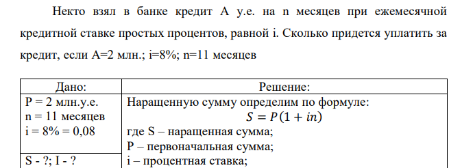  Некто взял в банке кредит A у.е. на n месяцев при ежемесячной кредитной ставке простых процентов, равной i. Сколько придется уплатить за кредит, если А=2 млн.; i=8%; n=11 месяцев 