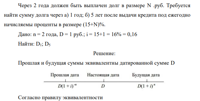  Через 2 года должен быть выплачен долг в размере N .руб. Требуется найти сумму долга через а) 1 год; б) 5 лет после выдачи кредита под ежегодно начисляемы проценты в размере (15+N)% 