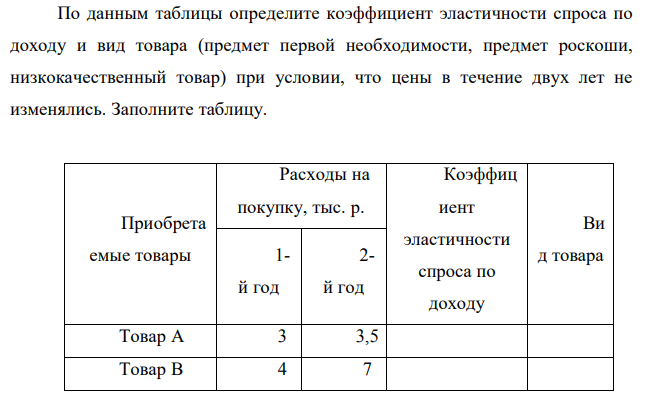  По данным таблицы определите коэффициент эластичности спроса по доходу и вид товара (предмет первой необходимости, предмет роскоши, низкокачественный товар) при условии, что цены в течение двух лет не изменялись. Заполните таблицу. 