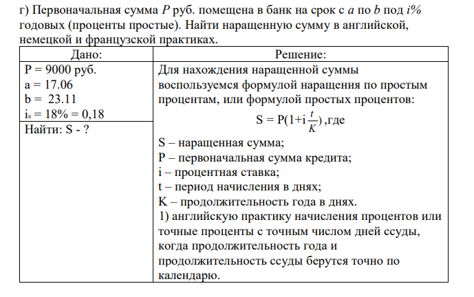 Первоначальная сумма P руб. помещена в банк на срок с a по b под i% годовых (проценты простые). Найти наращенную сумму в английской, немецкой и французской практиках. 