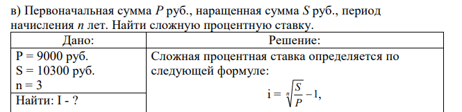 Первоначальная сумма P руб., наращенная сумма S руб., период начисления n лет. Найти сложную процентную ставку. 