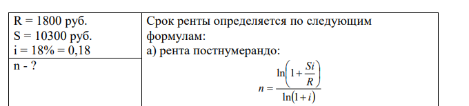 Размер ежегодных платежей R руб., процентная ставка i% годовых, наращенная сумма S руб. Определить сроки простых рент постнумерандо и пренумерандо. 