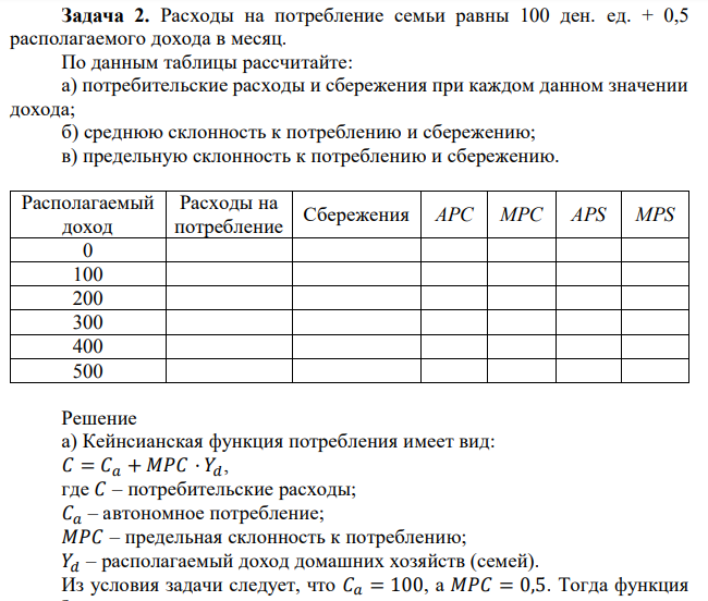 Расходы на потребление семьи равны 100 ден. ед. + 0,5 располагаемого дохода в месяц. По данным таблицы рассчитайте: а) потребительские расходы и сбережения при каждом данном значении дохода; б) среднюю склонность к потреблению и сбережению; в) предельную склонность к потреблению и сбережению. 