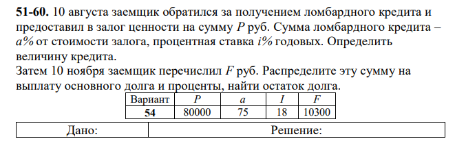 10 августа заемщик обратился за получением ломбардного кредита и предоставил в залог ценности на сумму P руб. Сумма ломбардного кредита – a% от стоимости залога, процентная ставка i% годовых. Определить величину кредита. Затем 10 ноября заемщик перечислил F руб. Распределите эту сумму на выплату основного долга и проценты, найти остаток долга. 