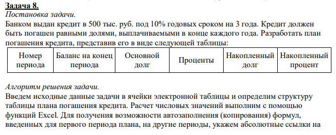 Банком выдан кредит в 500 тыс. руб. под 10% годовых сроком на 3 года. Кредит должен быть погашен равными долями, выплачиваемыми в конце каждого года. Разработать план погашения кредита, представив его в виде следующей таблицы: