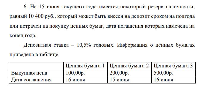 На 15 июня текущего года имеется некоторый резерв наличности, равный 10 400 руб., который может быть внесен на депозит сроком на полгода или потрачен на покупку ценных бумаг, дата погашения которых намечена на конец года. Депозитная ставка – 10,5% годовых. Информация о ценных бумагах приведена в таблице. Найти скидку, действующую на указанные ценные бумаги, используя базис фактический/фактический. Определить, сколько каких ценных бумаг и на какую сумму может быть приобретено. Рассчитать чистую прибыль в денежном эквиваленте для каждого из 4- х вариантов. Найти наиболее выгодный вариант вложения денег, обеспечивающий максимальную прибыль на каждый вложенный рубль. 