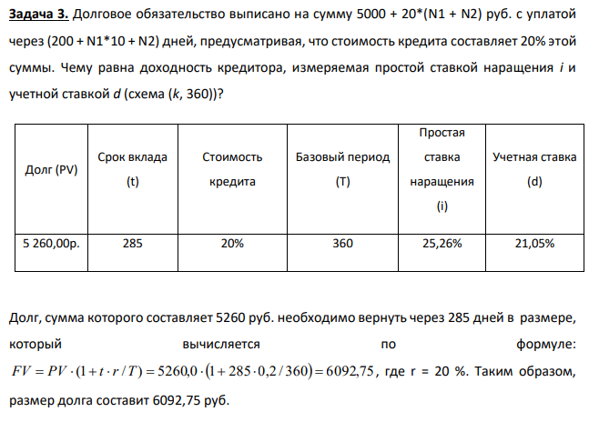 Долговое обязательство выписано на сумму 5000 + 20*(N1 + N2) руб. с уплатой через (200 + N1*10 + N2) дней, предусматривая, что стоимость кредита составляет 20% этой суммы. Чему равна доходность кредитора, измеряемая простой ставкой наращения i и учетной ставкой d (схема (k, 360))? 