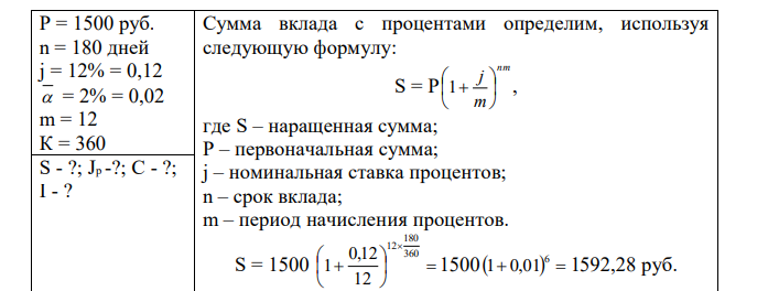 Сумма 1500 руб. размещена на депозит в банк на 180 дней с ежемесячной капитализацией процентов. Ставка по депозитам на срок менее одного года - 12% годовых. Уровень инфляции в месяц – 2%. Определите: сумму вклада с процентами; индекс инфляции за расчетный период; сумму вклада с процентами с учетом инфляции; реальный доход вкладчика с учетом инфляции.